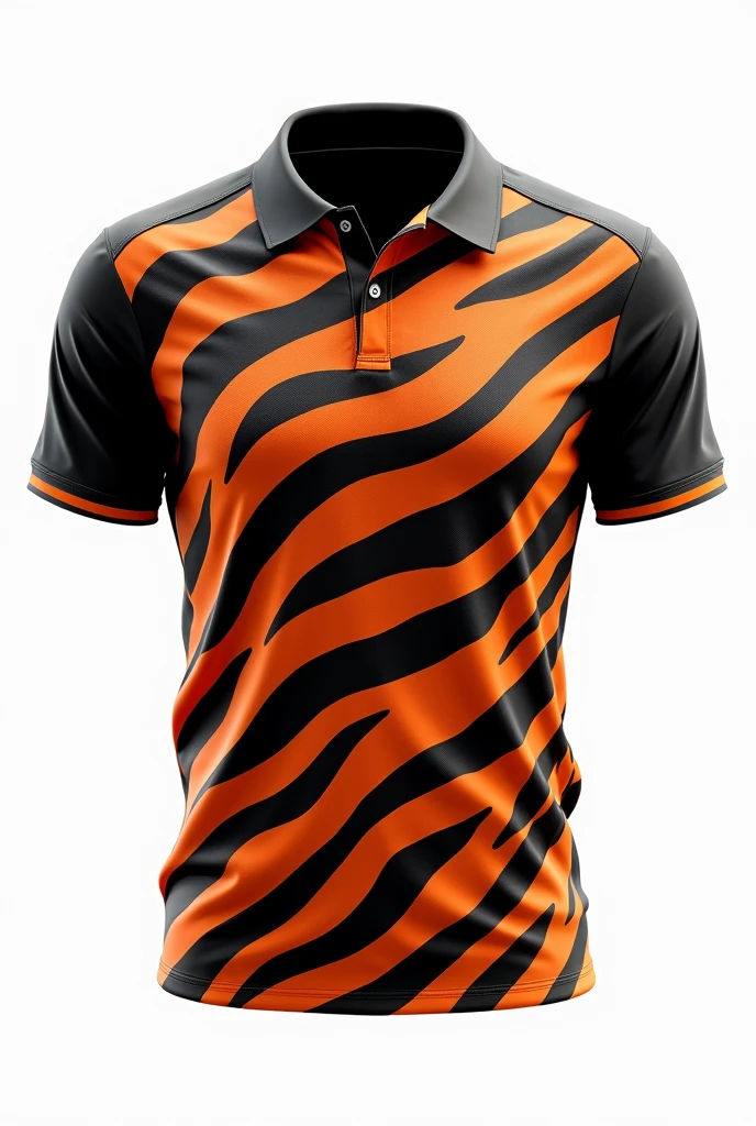 Create for me CRICKET jersey  pattern design tiger stripe  orange black full pattern black collar white background /  wrote PODONGCRIC 