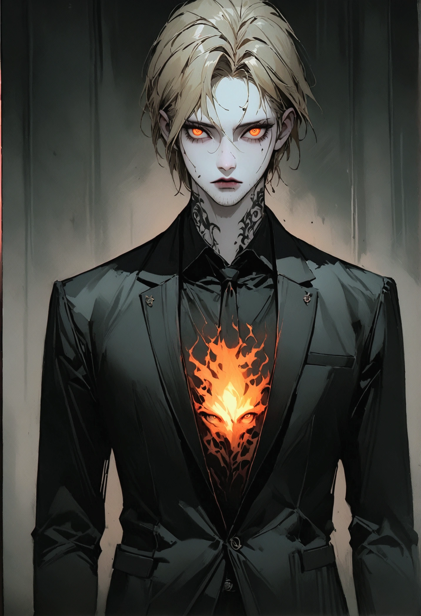 Pale skin and thin face. Romanian ethnicity with messy blonde hair and stubble on chin. Wearing a black suit and black shirt, with intense almond shaped eyes burning. A sense of power and authority. A robust appearance. Young man. layered eyes, "Lean Physics" ,"conceptual artwork," , "high détail", "high resolution", "ominous aura,", "8K resolution", "oil painting", "darker tone" , "low saturation" ,"dark feeling", "conceptual artwork" , "detailed features" , "detailedeyes" (work of art), highest quallity, "expressive eyes", "tattooed neck" ,"highest quallity", (work of art),