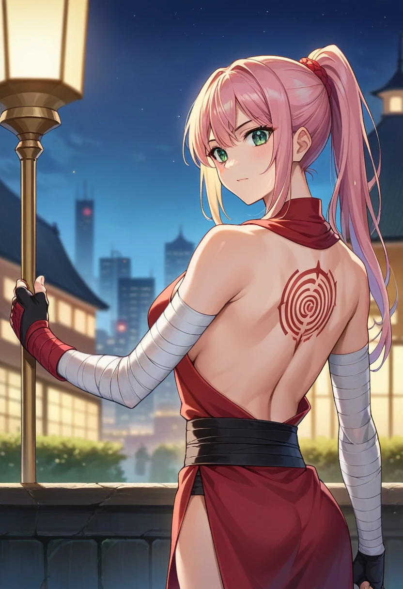 (best quality), (highly detailed), masterpiece, (official art),sumire kakei, long hair, from side,dynamic pose, backless outfit, back tattoo, elbow gloves, fingerless gloves,straight hair, bandages, bandaged arm, ninja, backlighting ,looking at viewer, city, night, sky, cowboy shot, (intricately detailed, hyperdetailed), blurry background,depth of field, best quality, masterpiece, intricate details, tonemapping, sharp focus, hyper detailed, trending on Artstation,1 girl, high res, official art