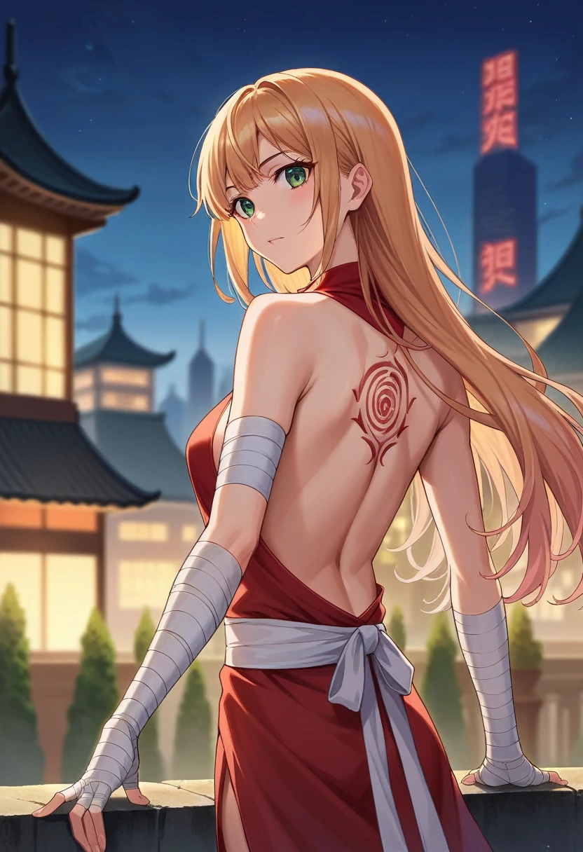 (best quality), (highly detailed), masterpiece, (official art),sumire kakei, long hair, from side,dynamic pose, backless outfit, back tattoo, elbow gloves, fingerless gloves,straight hair, bandages, bandaged arm, ninja, backlighting ,looking at viewer, city, night, sky, cowboy shot, (intricately detailed, hyperdetailed), blurry background,depth of field, best quality, masterpiece, intricate details, tonemapping, sharp focus, hyper detailed, trending on Artstation,1 girl, high res, official art
