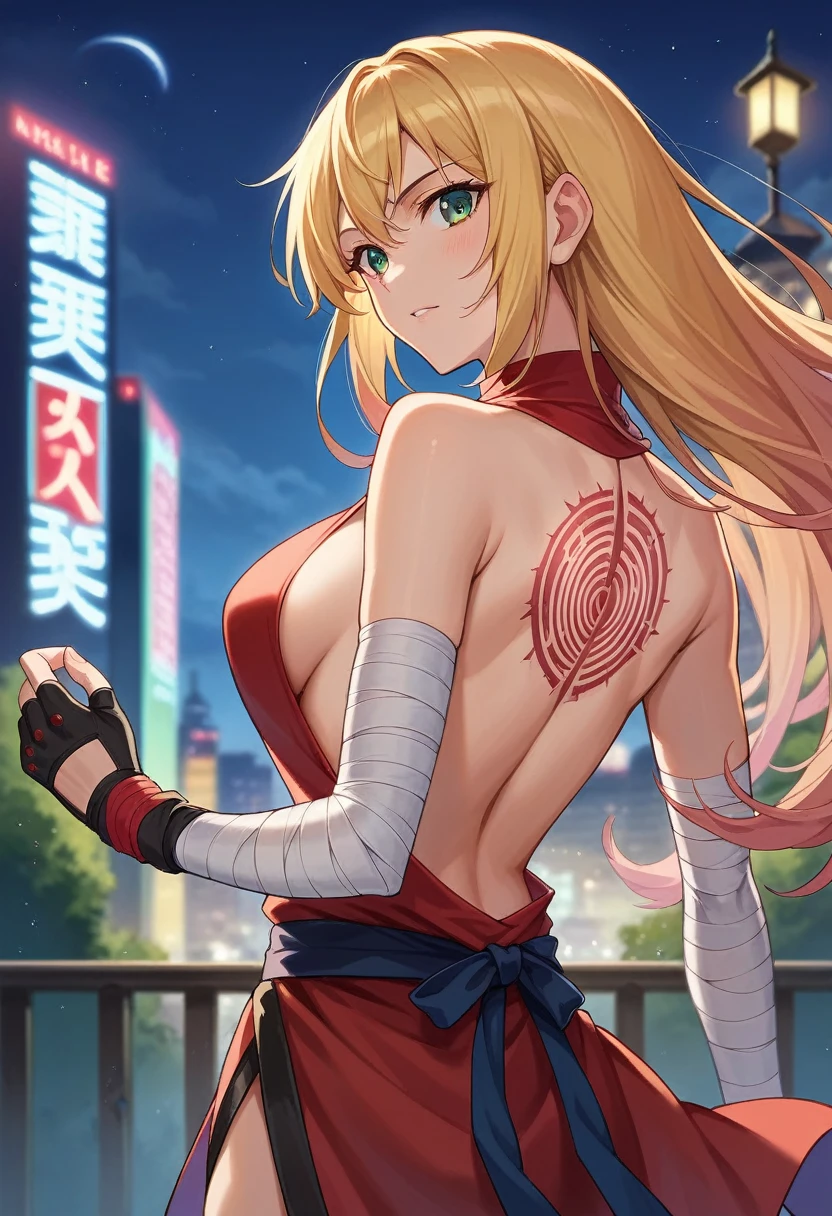 (best quality), (highly detailed), masterpiece, (official art),sumire kakei, long hair, from side,dynamic pose, backless outfit, back tattoo, elbow gloves, fingerless gloves,straight hair, bandages, bandaged arm, ninja, backlighting ,looking at viewer, city, night, sky, cowboy shot, (intricately detailed, hyperdetailed), blurry background,depth of field, best quality, masterpiece, intricate details, tonemapping, sharp focus, hyper detailed, trending on Artstation,1 girl, high res, official art