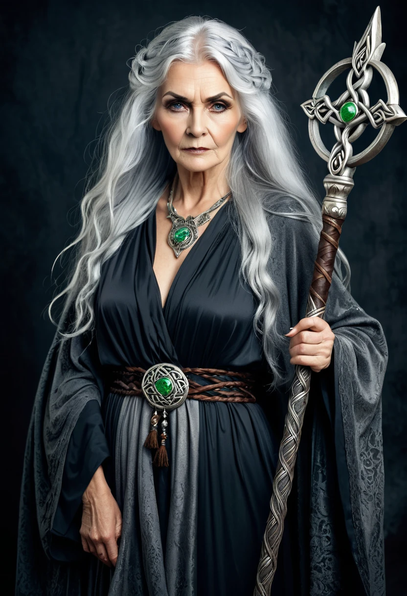 Barbarian celtic old witch woman, silver hair, old long robes, the witch holds a long staff in her hand, generate vintage and old image.