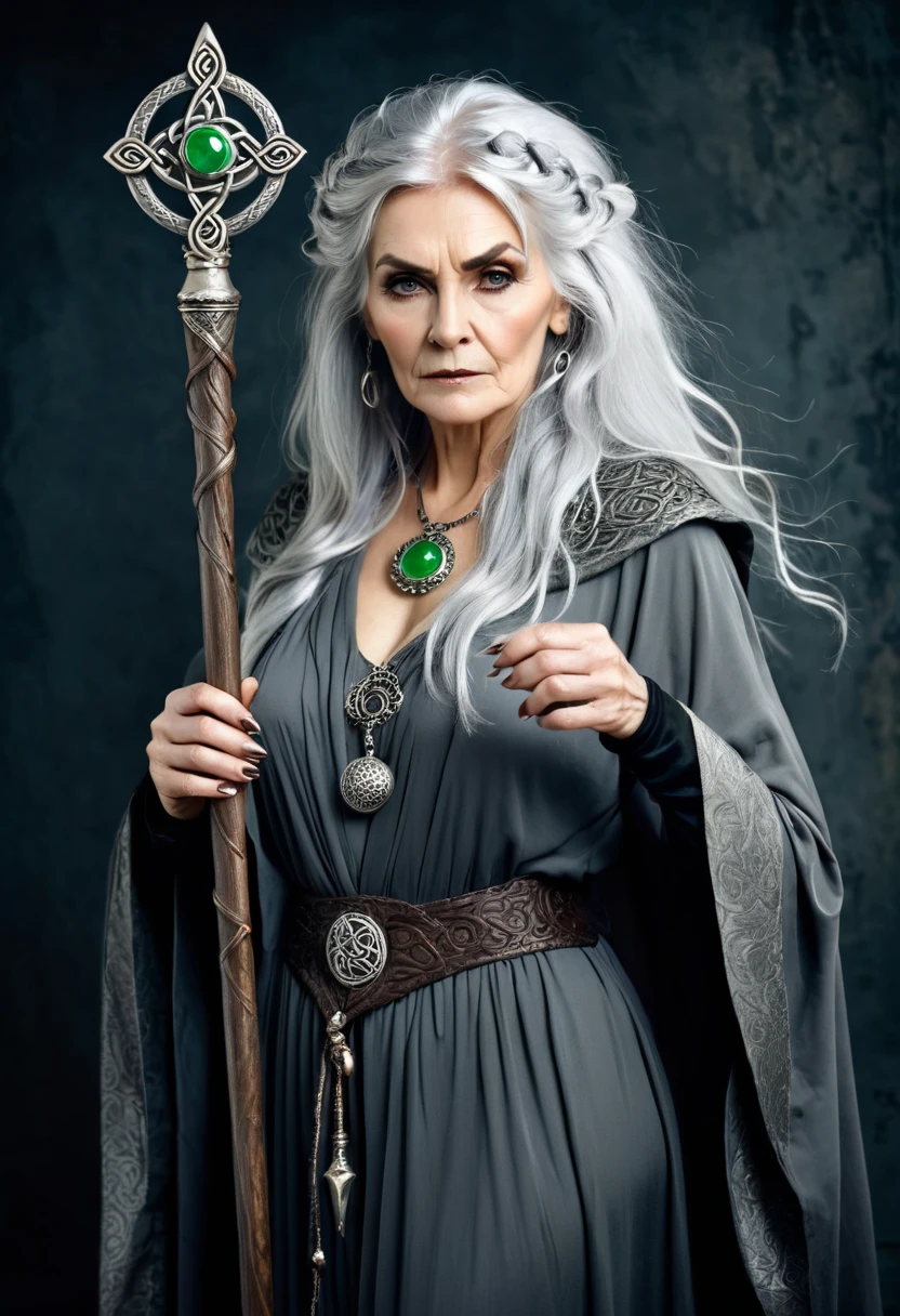 Barbarian celtic old witch woman, silver hair, old long robes, the witch holds a long staff in her hand, generate vintage and old image.