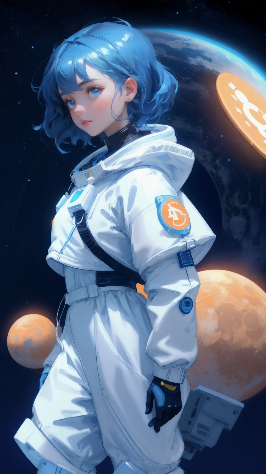 A beautiful, cute girl in a futuristic space suit piloting an advanced spacecraft, surrounded by floating cryptocurrency coins. The background features a vast, blue space with distant planets and stars. Keywords: Moon Lander, blue background."