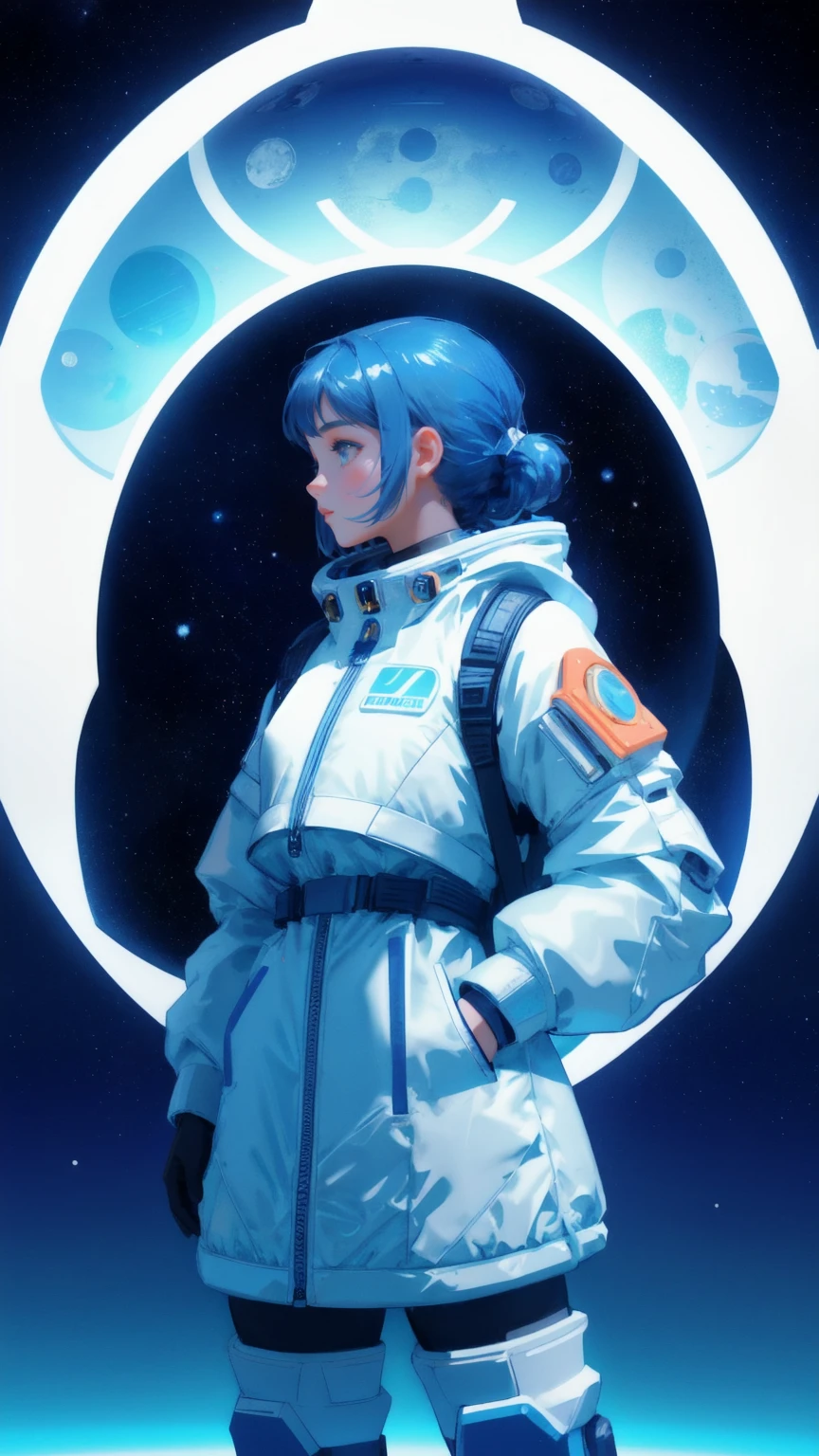 A beautiful, cute girl in a futuristic space suit piloting an advanced spacecraft, surrounded by floating cryptocurrency coins. The background features a vast, blue space with distant planets and stars. Keywords: Moon Lander, blue background."