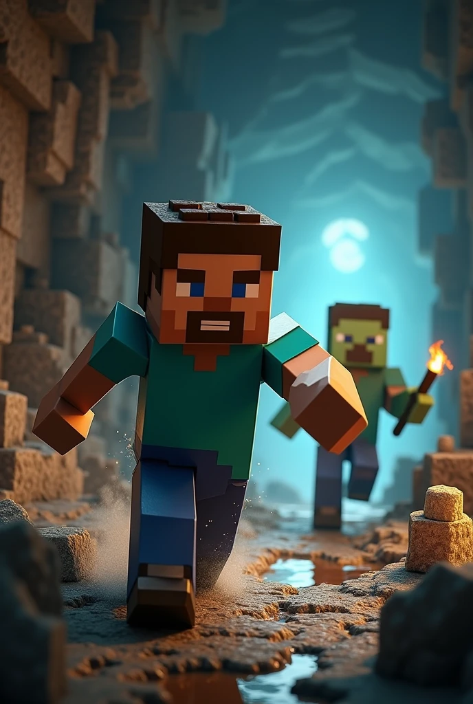 Minecraft Steve cave hunting Zombie chasing steve