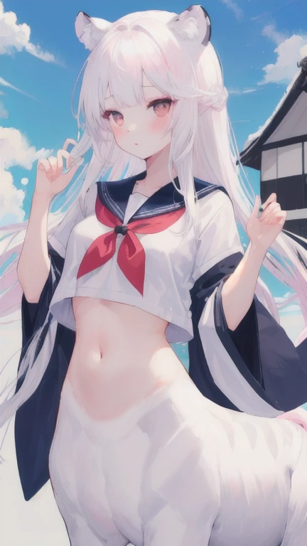 (best quality, masterpiece), 1 girl, centaur, I beg, White skin, Japanese schoolgirl,daughter,black pink, exposing the abdomen, belly button t-shirt , beautiful girl perfect, White tiger photo, 완벽한 White tiger photo