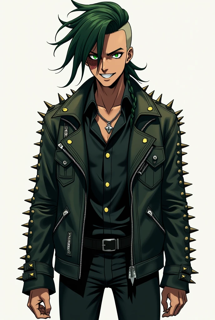 An anime styled black man. He's tall, skinny, has dark green hair with shaved temples, has a long braid behind his back. He has sharp teeth, light green eye, his other eye is a big scar so basically he has one eye. He's styled in metal punk style. Wears a leather coat with spikes, skinny black jeans 