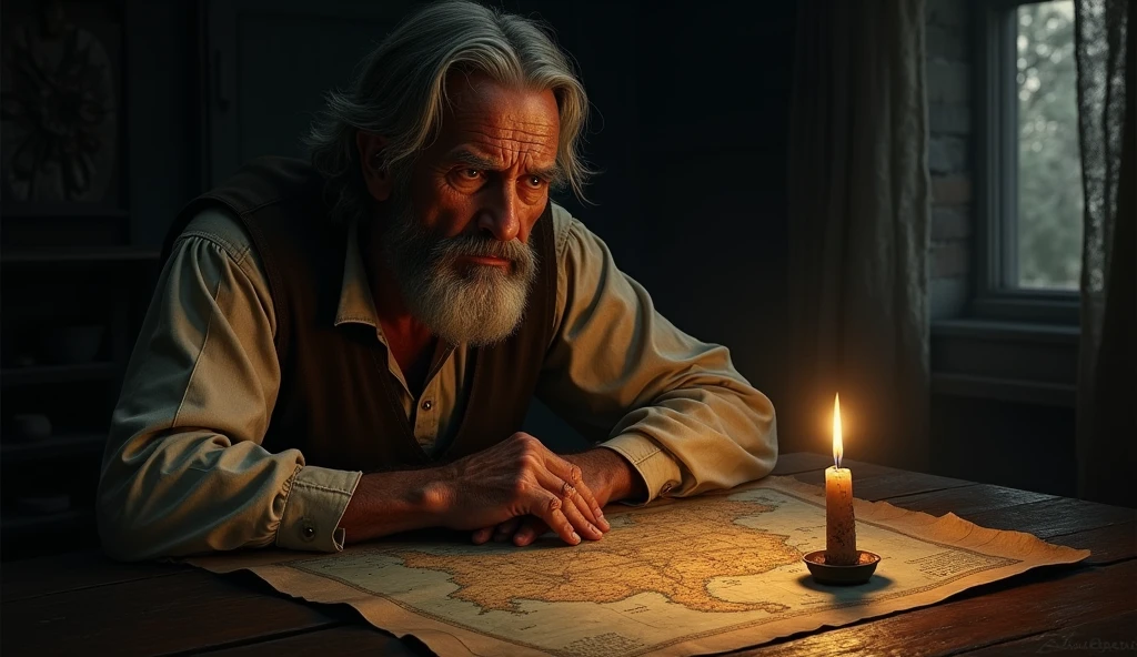 Image Prompt: A melancholic image of John White in a dimly lit room, gazing at a map of the Atlantic with Roanoke marked, his face filled with worry and sorrow as he contemplates the fate of his family.