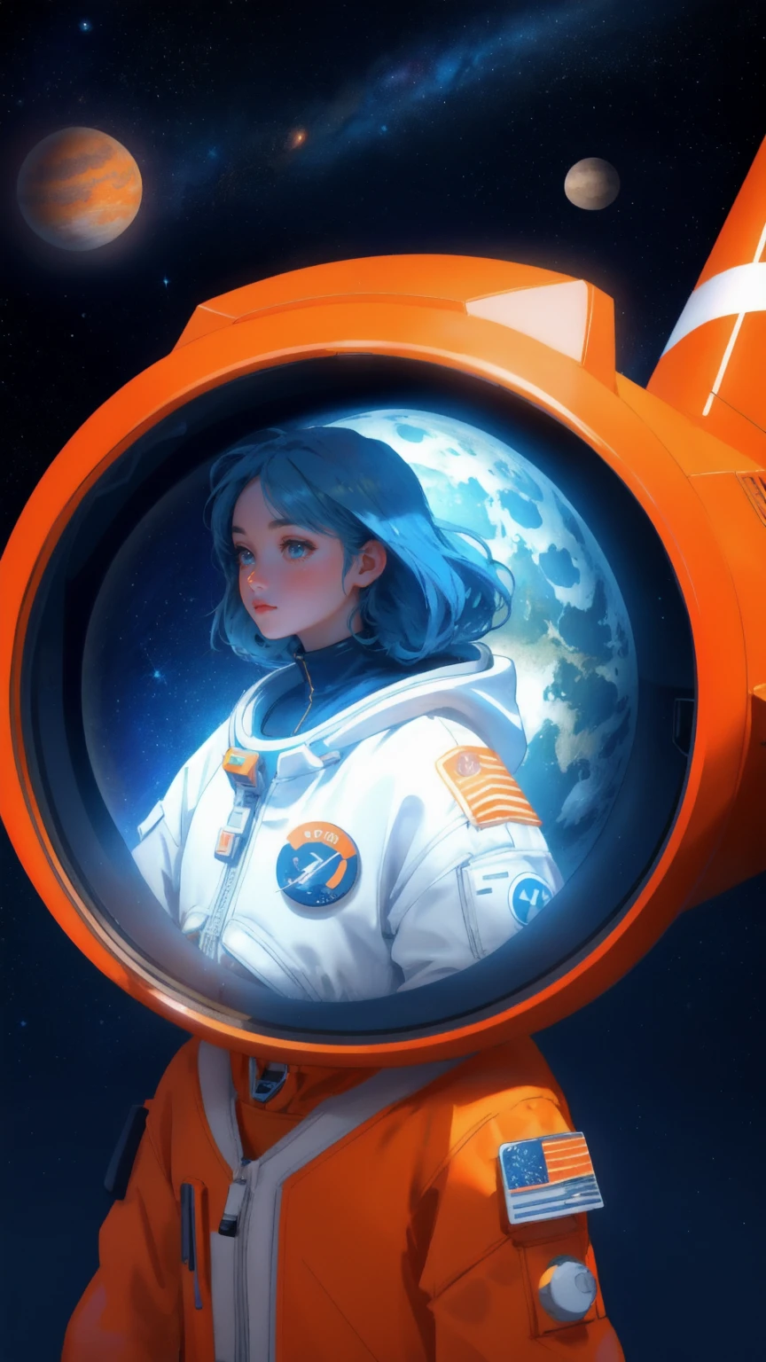 A beautiful, cute girl in an orange astronaut suit, piloting a futuristic spacecraft through space, surrounded by floating cryptocurrency coins. The background is a deep blue space with stars and planets. Keywords: Moon Lander, blue background.