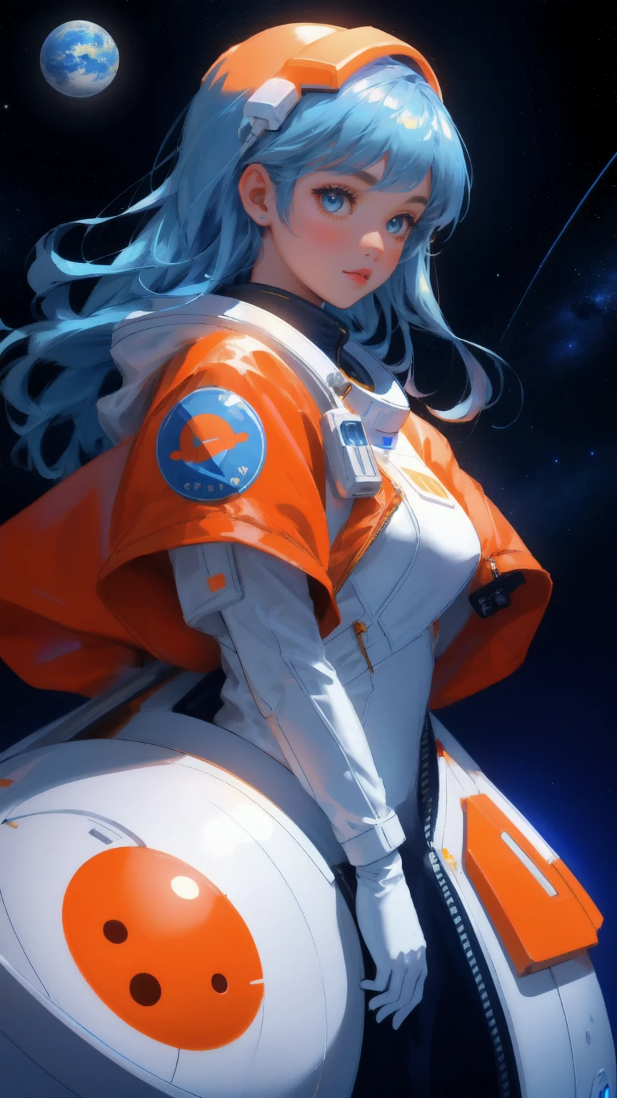 A beautiful, cute girl in an orange astronaut suit, piloting a futuristic spacecraft through space, surrounded by floating cryptocurrency coins. The background is a deep blue space with stars and planets. Keywords: Moon Lander, blue background.