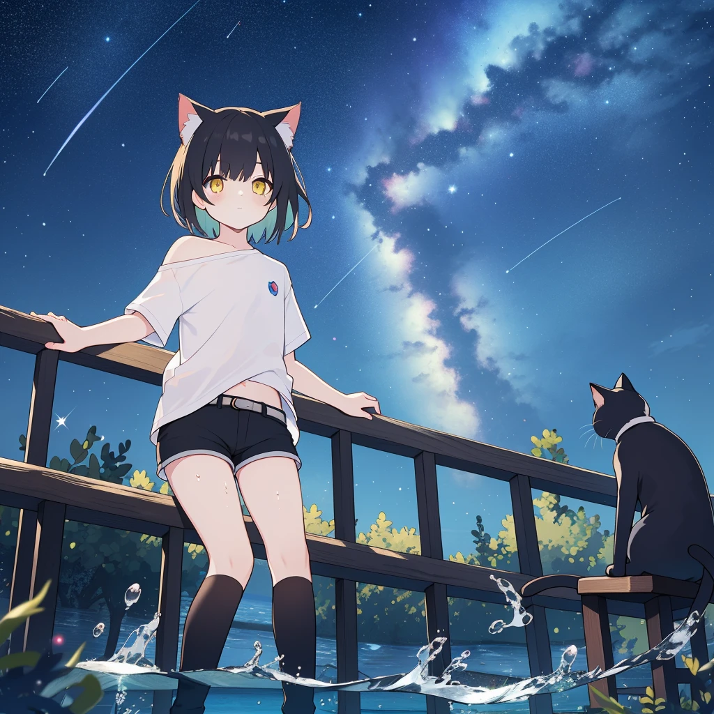 masterpiece, super high quality, One person, Solo Boy, Black hair and cat ears, Yellow Eyes, ((Straight hair)), short hair, (Shoulder-length hair), shirt, Shorts, Black Stockings, In the water, Starry night sky, Grab the sky