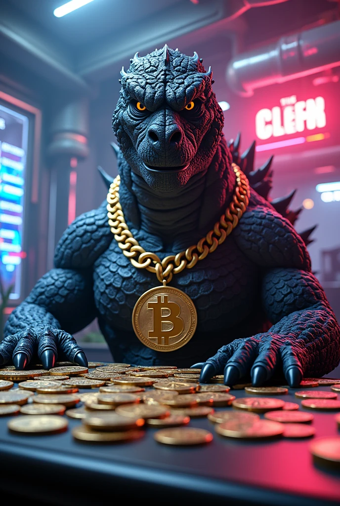 Godzilla with a big and golden necklace and a lot of bitcoins sitting on the desk near a computer in cyberpunk neon