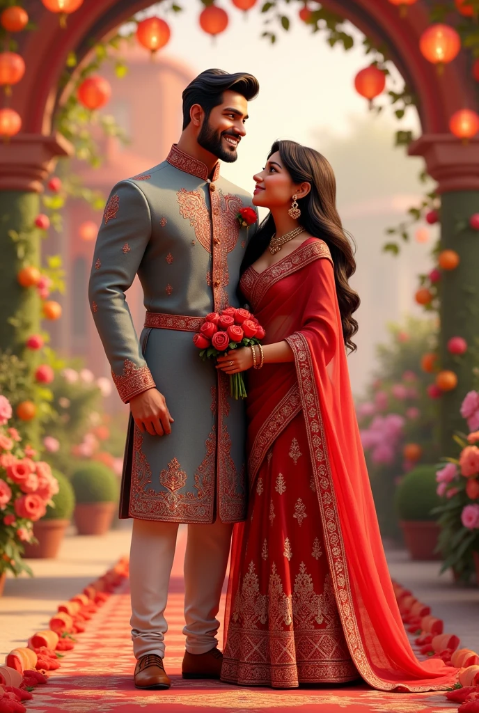 Marriage of couple wearing red n grey colour indian style marriage outfit, the wedding theme is grey n red colour, the boy has buff n strong body. The girl has nice long coffee brown long hair till her mid waist she's wearing grey saree . And the male is wearing grey shervani with red design on it. Create it as disney Pixar