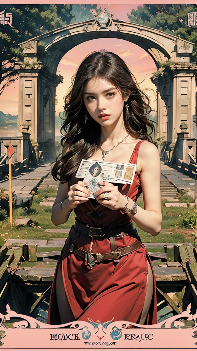 Highest quality、masterpiece、タロットcard、Balance scale、(Morgan Greer Tarot:1.2)、Retro art style、Thick outline、English text、Roman numerals、card、(Fit the frame properly:1.2)、(((タロットcard風の枠:1.5)))、((Medieval Europe、Woman crossing a bridge、Stone bridge、fear、Fear Pose、Blushing、Scared beautiful woman:1.5))