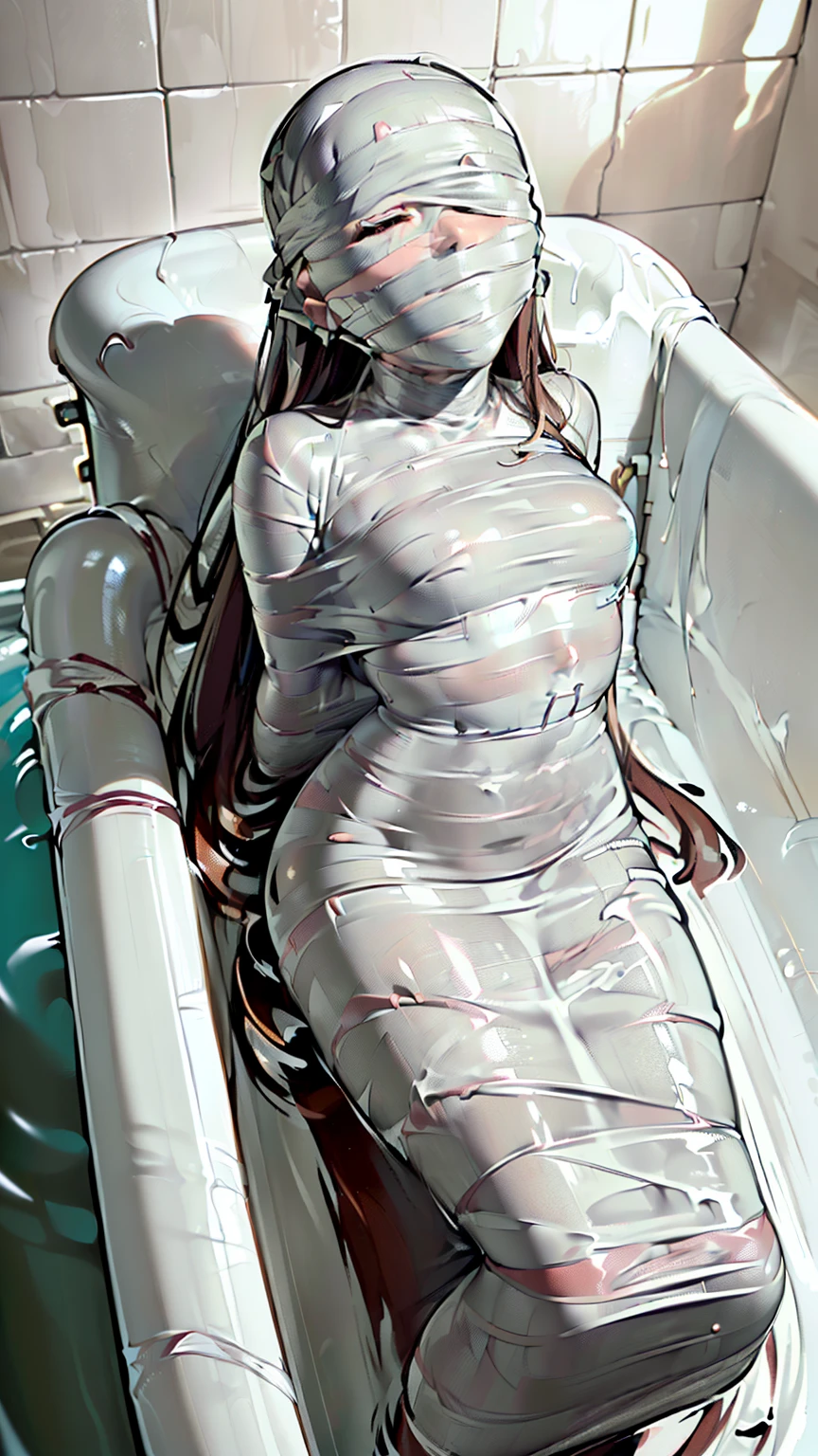 mummification, blindfold, tape gagged, (one girl:1.4), (bathroom:1.4), (full bathtub with water:1.4), (Highly detailed CG Unity 8k), (highest quality), (Very detailed), (Ultra-high resolution), (Hands tied behind back), (Wrap the heads around with white duct tape:1.4), (Wrap the eyes around with white duct tape:1.4), (Wrap the mouth around with white duct tape:1.4), (blindfold around with white duct tape:1.4), (Wrap the face around with white duct tape:1.4), (From head to toe, wrap them in white duct tape to make a mummification:1.4), (Body is completely under water:1.4), (non hear:1.4), 