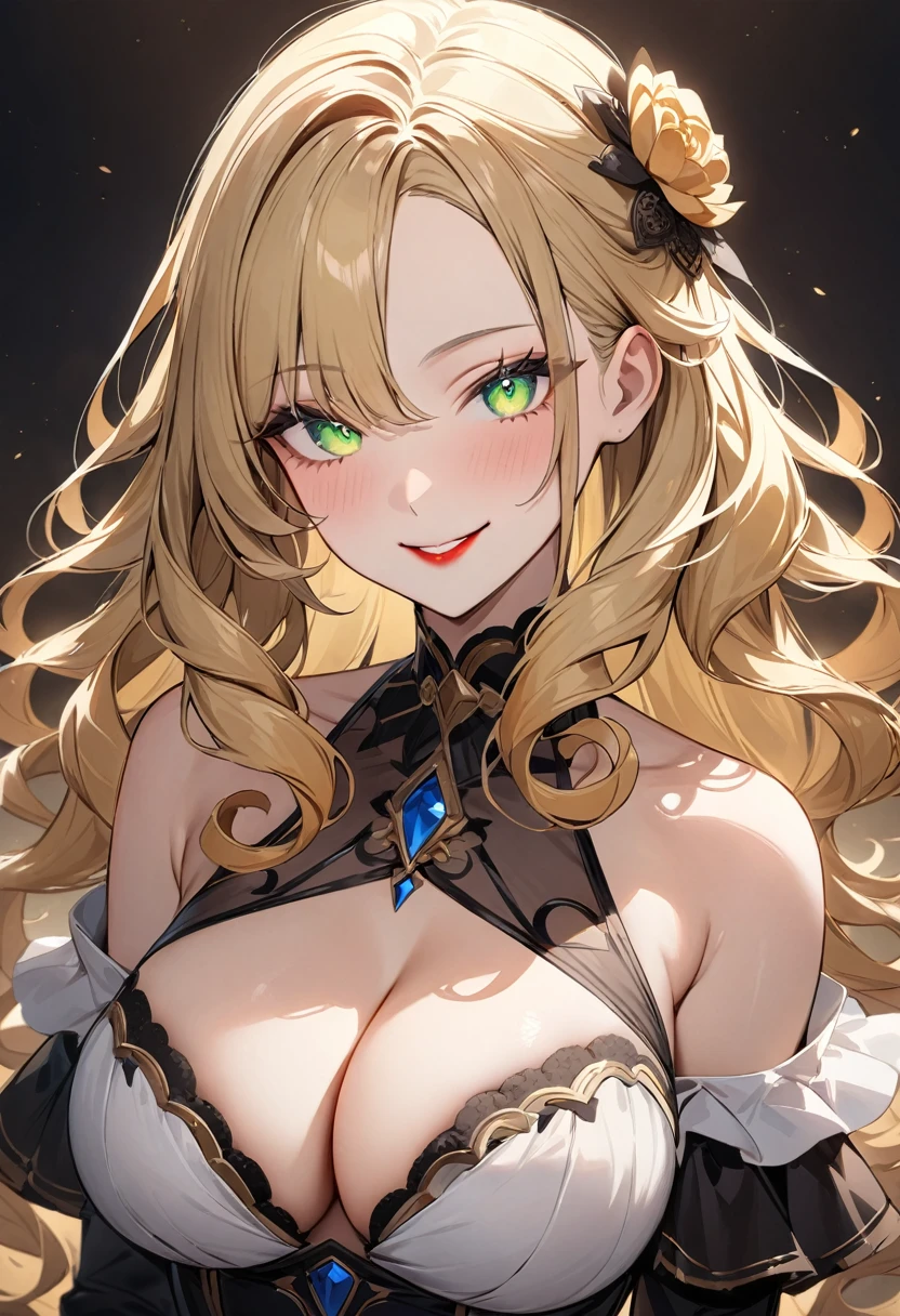 (masterpiece, top quality, very aesthetic, 4k、illustration), intricate detail, 1woman,solo,contrapposto 、(gradient eyes、tareme)、Strong glowing eyes、asymmetrical bangs,Fair skin,(upper body)、beautiful women、Cleavage、 smile、(red lipstick),beautiful face、(gradient hair)、(blonde hair)、curly hair,sidelock ,parted bangs,green eyes、Layered Dress、large breasts、slender 、