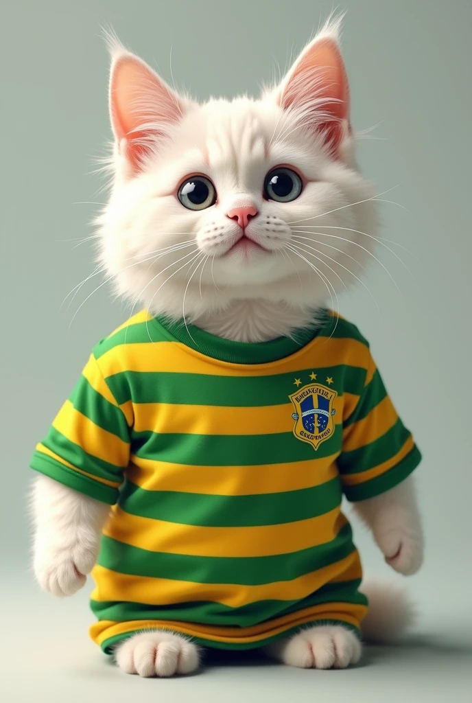 A white cat wearing a Brazil t-shirt