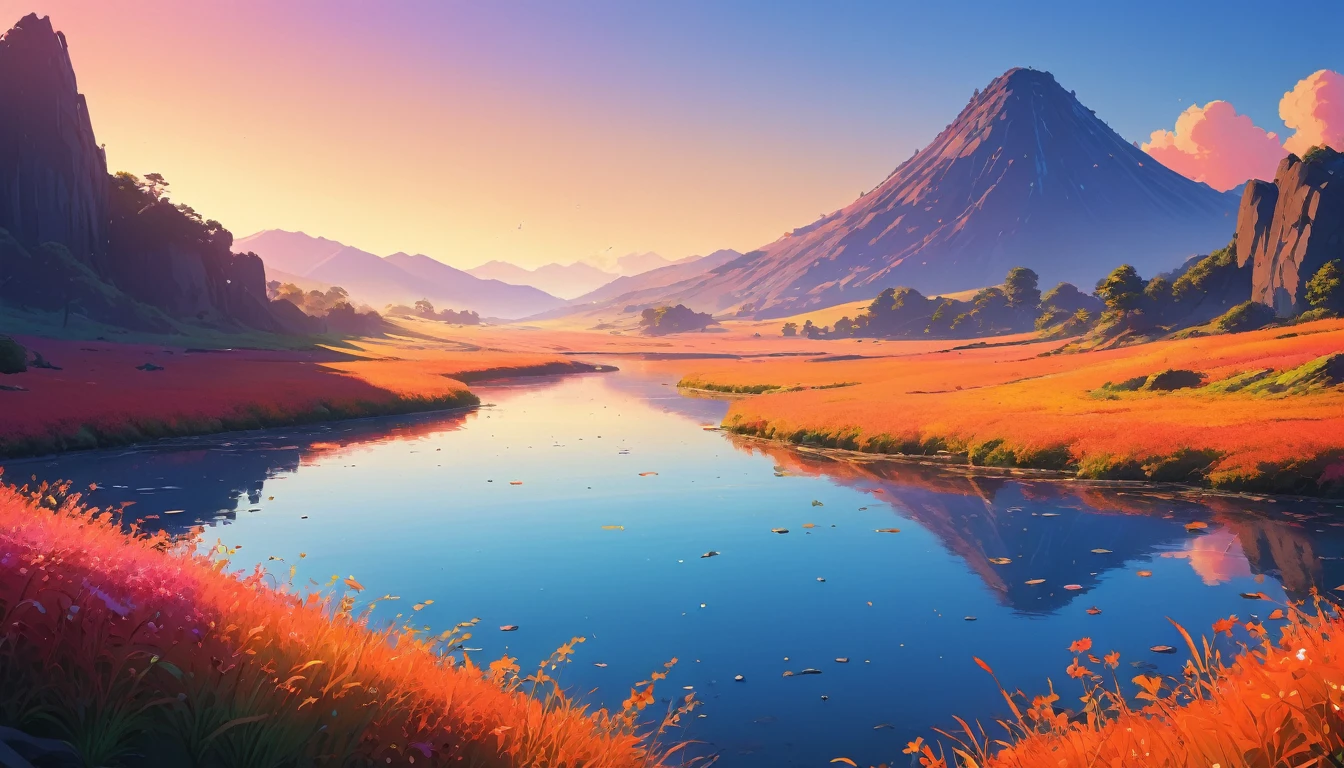 (anime, Fantasy, Land of Tar), (Highest quality, High resolution, Depth of field, High resolution:1.2), Vibrant colors, Rounded. highlight. heatwave. Smooth. fluid. Cold air. Wind. sweet. For days. Crackling. strengthened. Glaze. Low contrast. 2D. Between. Simple. No frills. Minimalist