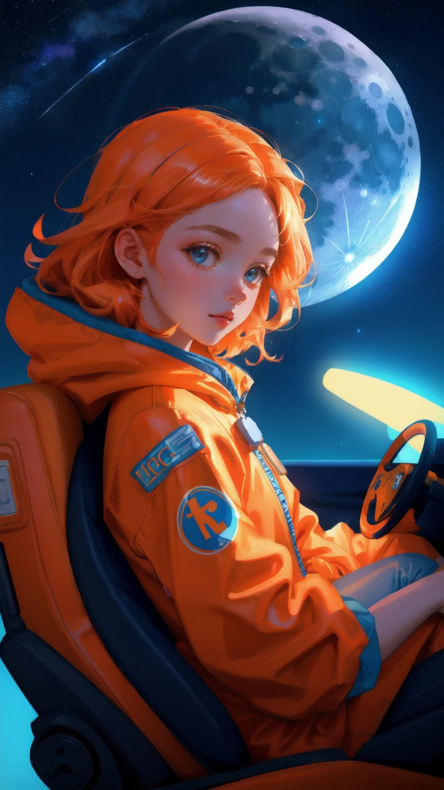 beautiful, cute girl in an orange spacesuit, confidently driving a colorful rocket through a blue starry sky, surrounded by shining Bitcoin coins. The moon is glowing brightly in the background. Keywords: Moon Lander, blue background.