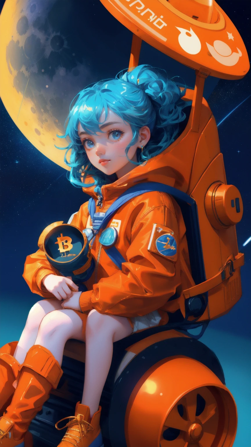 beautiful, cute girl in an orange spacesuit, confidently driving a colorful rocket through a blue starry sky, surrounded by shining Bitcoin coins. The moon is glowing brightly in the background. Keywords: Moon Lander, blue background.