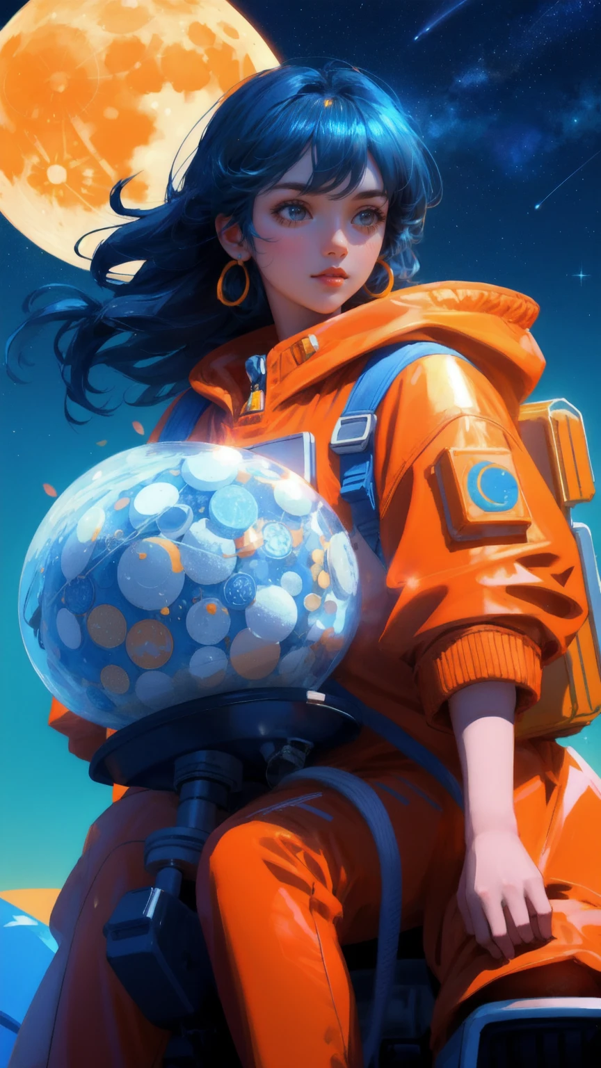 beautiful, cute girl in an orange spacesuit, confidently driving a colorful rocket through a blue starry sky, surrounded by shining Bitcoin coins. The moon is glowing brightly in the background. Keywords: Moon Lander, blue background.