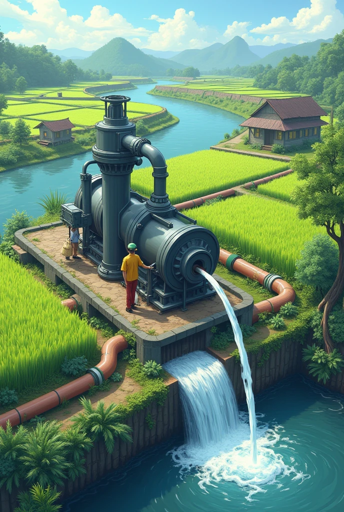 A bioenergy powered water pump machine, who is taking water from the river and collecting it in a pipe whose water flows to the rice fields and residents' houses