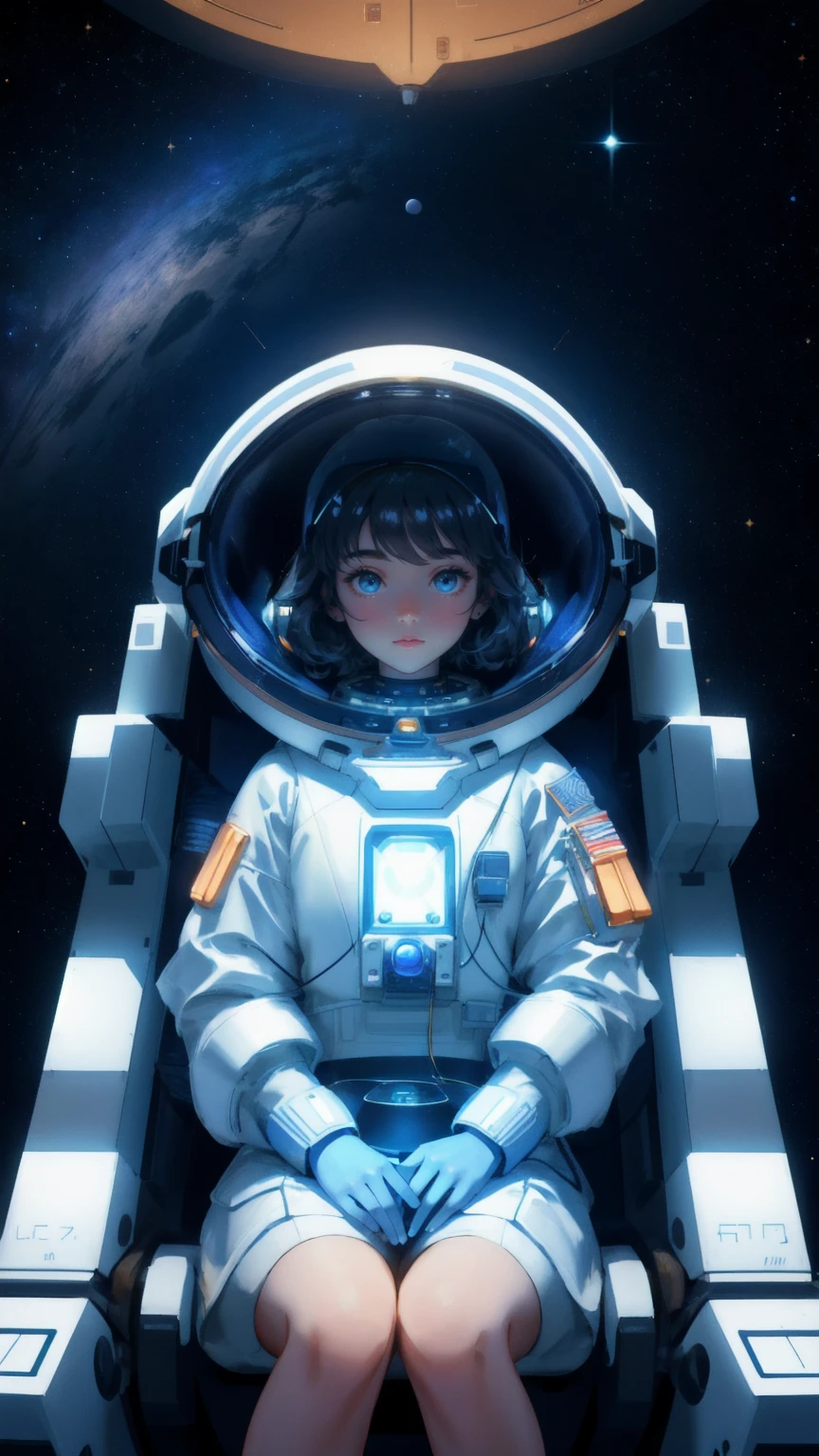 A beautiful, cute girl in a futuristic astronaut helmet, seated inside a high-tech spacecraft cockpit with glowing control panels. The deep blue outer space is visible through the glass, filled with floating gold coins. Keywords: Moon Lander, blue background.
