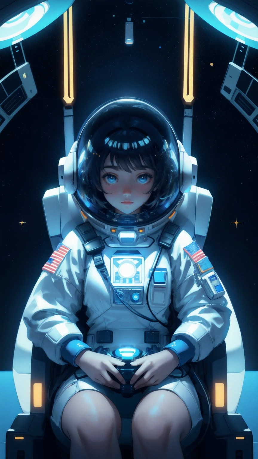 A beautiful, cute girl in a futuristic astronaut helmet, seated inside a high-tech spacecraft cockpit with glowing control panels. The deep blue outer space is visible through the glass, filled with floating gold coins. Keywords: Moon Lander, blue background.