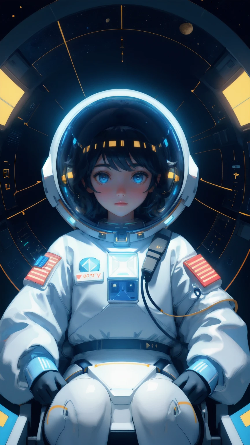 A beautiful, cute girl in a futuristic astronaut helmet, seated inside a high-tech spacecraft cockpit with glowing control panels. The deep blue outer space is visible through the glass, filled with floating gold coins. Keywords: Moon Lander, blue background.