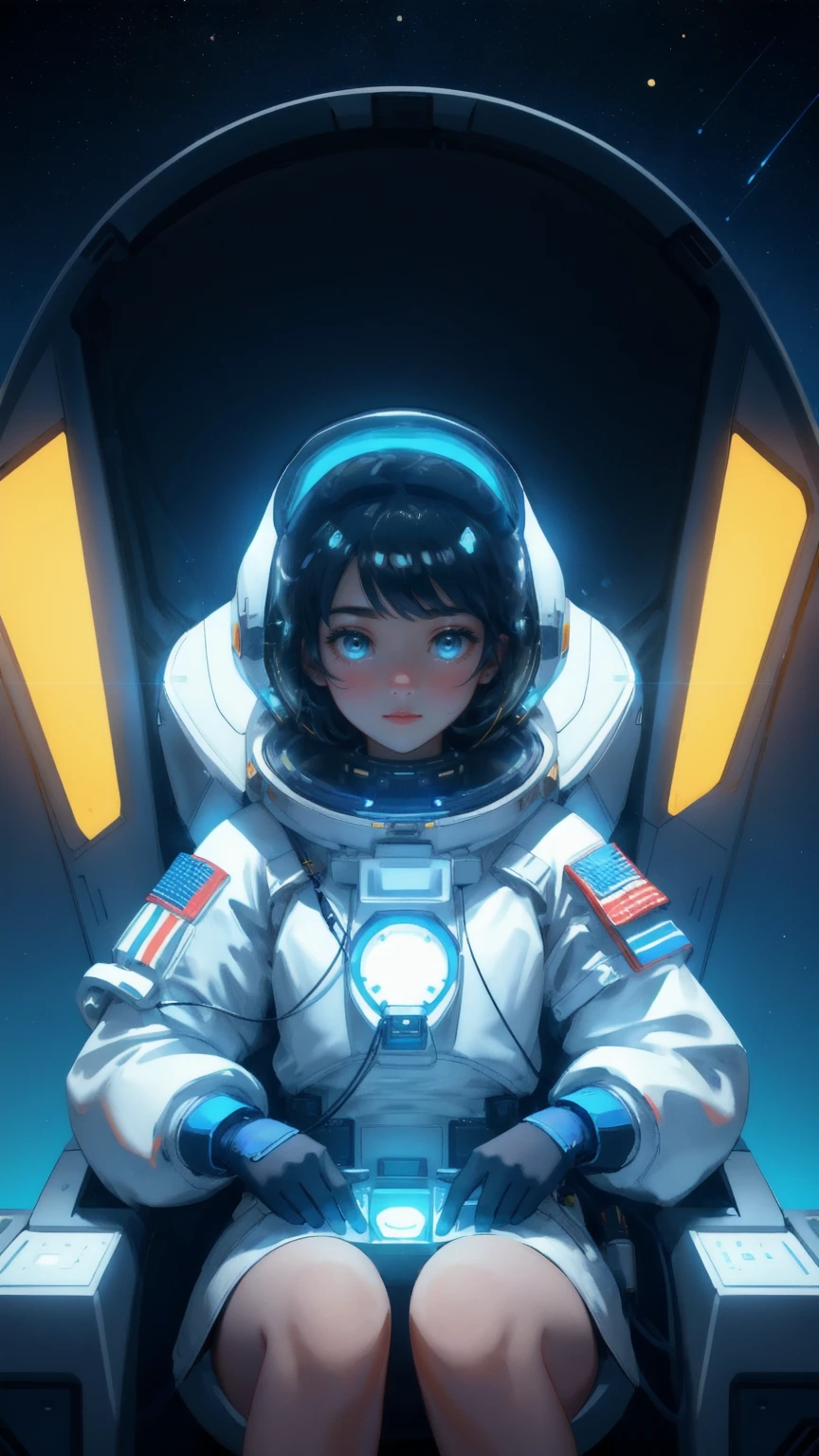 A beautiful, cute girl in a futuristic astronaut helmet, seated inside a high-tech spacecraft cockpit with glowing control panels. The deep blue outer space is visible through the glass, filled with floating gold coins. Keywords: Moon Lander, blue background.