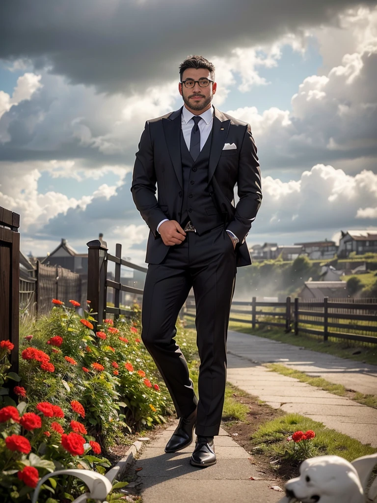 solo, crew cut, (((full body))), mature man, [slightly fat], asian man, brown eyes, rounded face, glasses, slightly balding, (((stubbles, Short beard))), (((full beard))), (Beautiful eyes:1.3), (Detailed face:1.3), (((man standing in front of fence gate))), red flowers in the fence, gothic suit, (((only black and white, black and white photo, fog))), photography, realistic, sad, an european villa in the (((background, dark and cloudy, gray cloud))),