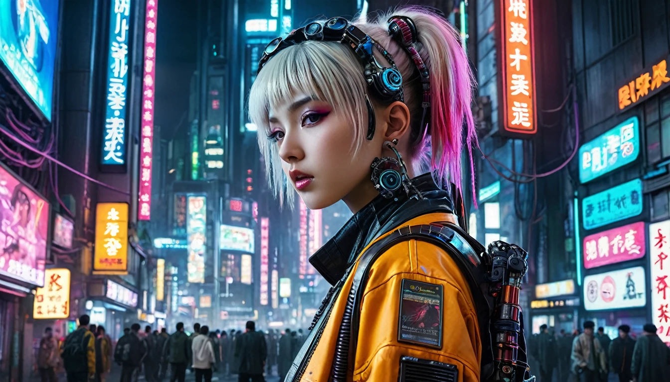 ((An extremely delicate and beautiful cybernetic girl.)), ((mechanical limbs, blood vessels connected to pipes, Mechanical spine)), ((The cervix is attached to the neck.)), (Wires and cables attached to the neck:1.2), ((Mass of wires and cables on the head)), ((wearing colorful Harajuku tech jacket with logos)), (Characters emphasize camera poses)), ((cowboy shoot)), (Masterpiece), (((best quality))), ((Very detailed)), (Highly realistic and detailed CG illustrations.), movie light, science fiction, มีรายVery detailed,colorful,Maximum details, (((cyberpunk city background, (Blade Runner), Harajuku area)))
