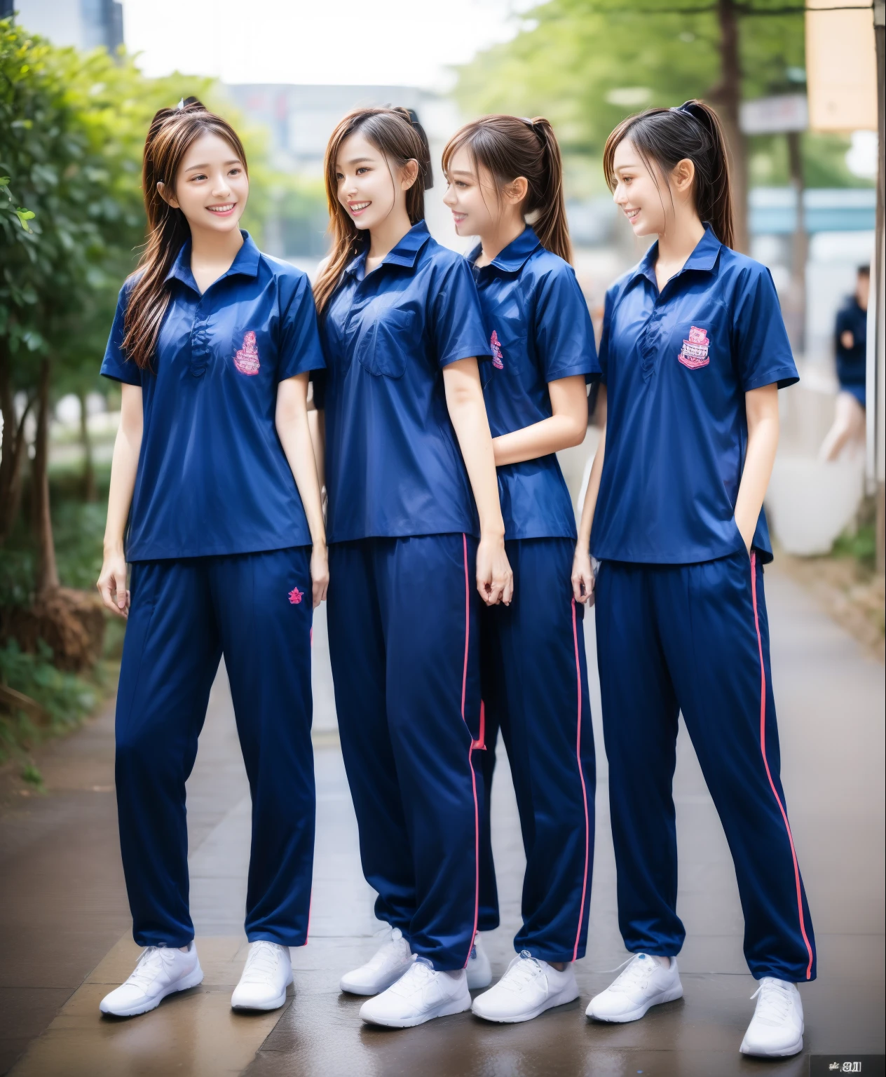 3 girls ride a bicycle, Bicycle , ride ,Navy blue short-sleeved shirt,Navy Long Trackpant,Sweatpants, Sweatpantsขายาว,25 year old girl, lesbian, sexy, exercise clothes, wet body, exercise clothes