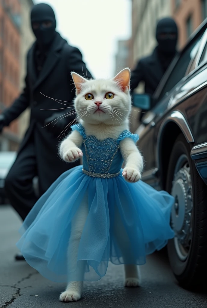  beautiful white  female cat dressed in blue frock abducted by robers in car