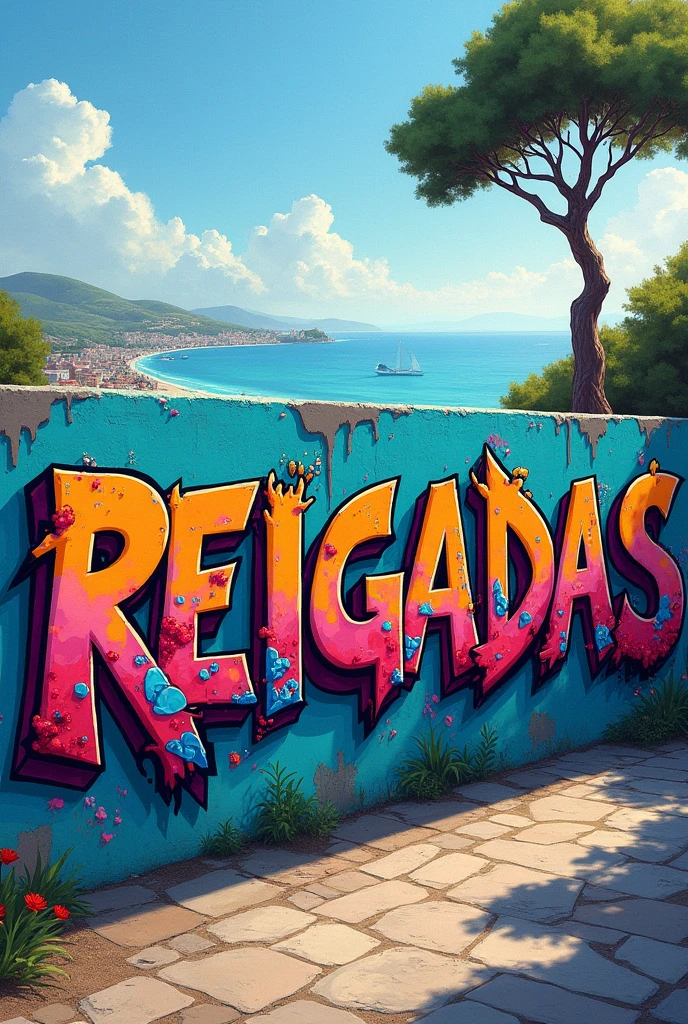 A graffiti on a wall with the name REIGADAS with wonderful colors and a background of a bay