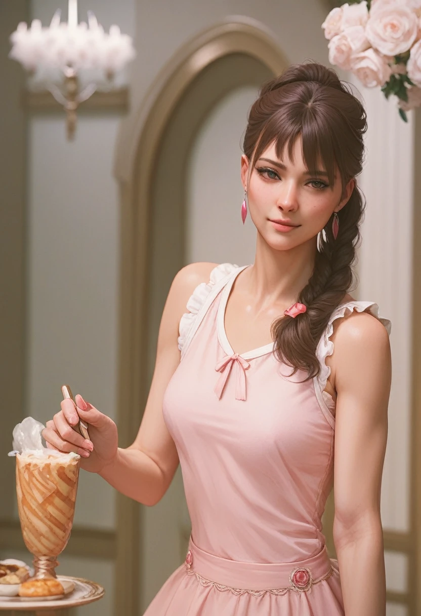 ((best quality)), ((masterpiece)), (detailed), create a Indian maid wear a pink colour maid outfits sarves me food's and help me eating