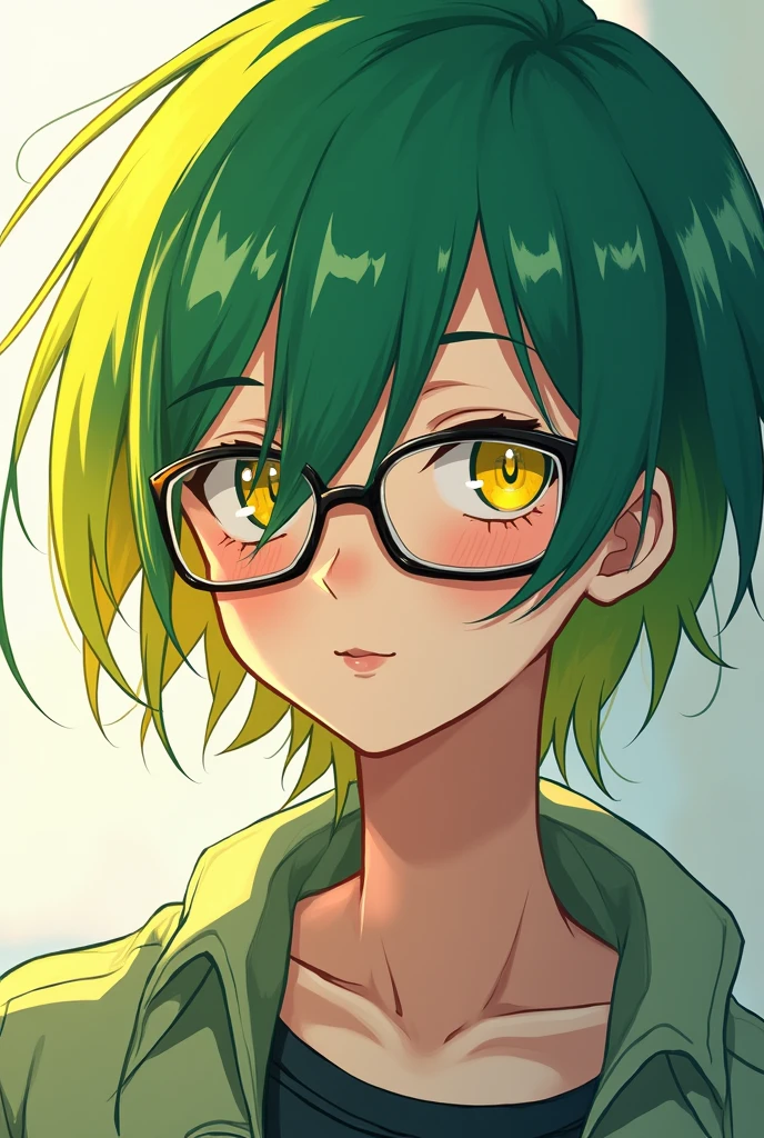 Anime 2d, yellow eyes wear glasses Green and yellow Ombre hair type : right eye hidden