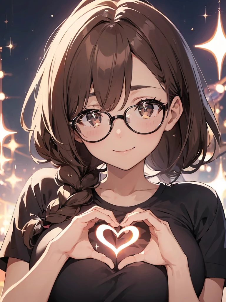 (anime screencap:1.2), masterpiece, best quality, ultra detailed 8k, (cute girl with one braid:1.2), (dark brown hair, (low ponytail, one braid), braid with ribbon), , light brown eyes, droopy eyes, glasses, happy smile, large breasts, (many sparkles, sparkle:1.4), (heart hands, spoken heart, many hearts, giving hearts at viewer), 
BREAK
simple black t-shirt, upper body, from front, dynamic angle, simple background