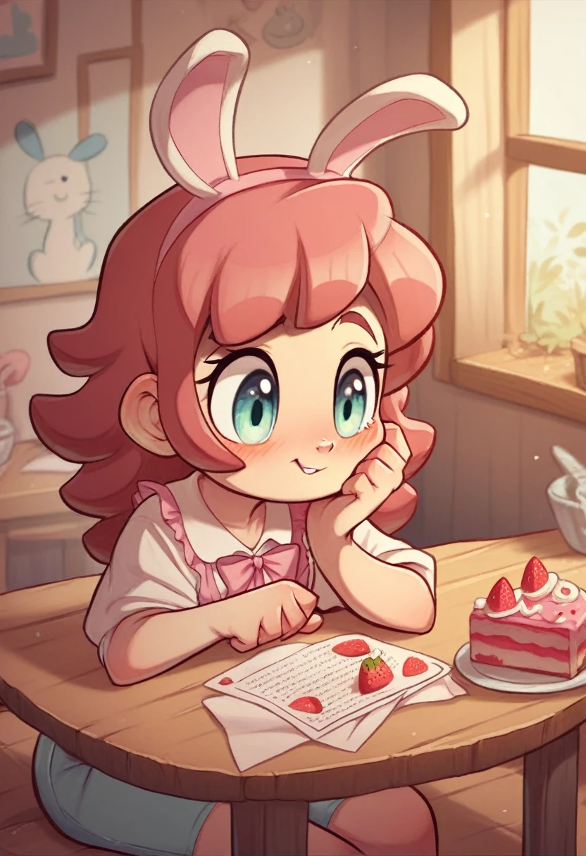 simple cute kawaii doodling of a bunny sitting in front of a table with strawberry cake on it, gingham table clotch, pastel cute color, in a cozy room