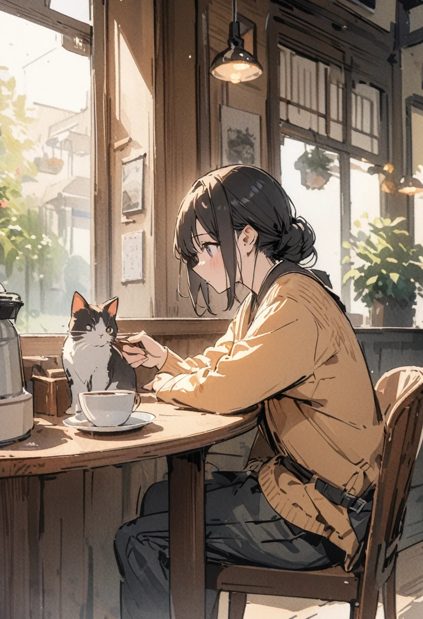 masterpiece,最high quality,Very detailed,High resolution backgrounds,8k,there is nothing,high quality,break,japanese manga style, sketch, Watercolor Colors,Cafe with a nice atmosphere,antique interior,Stylish interior,,slowly,relax,coffee, A boy is sitting on a chair、solo、Get closer to your subject、Black Hair、Holding a black kitten