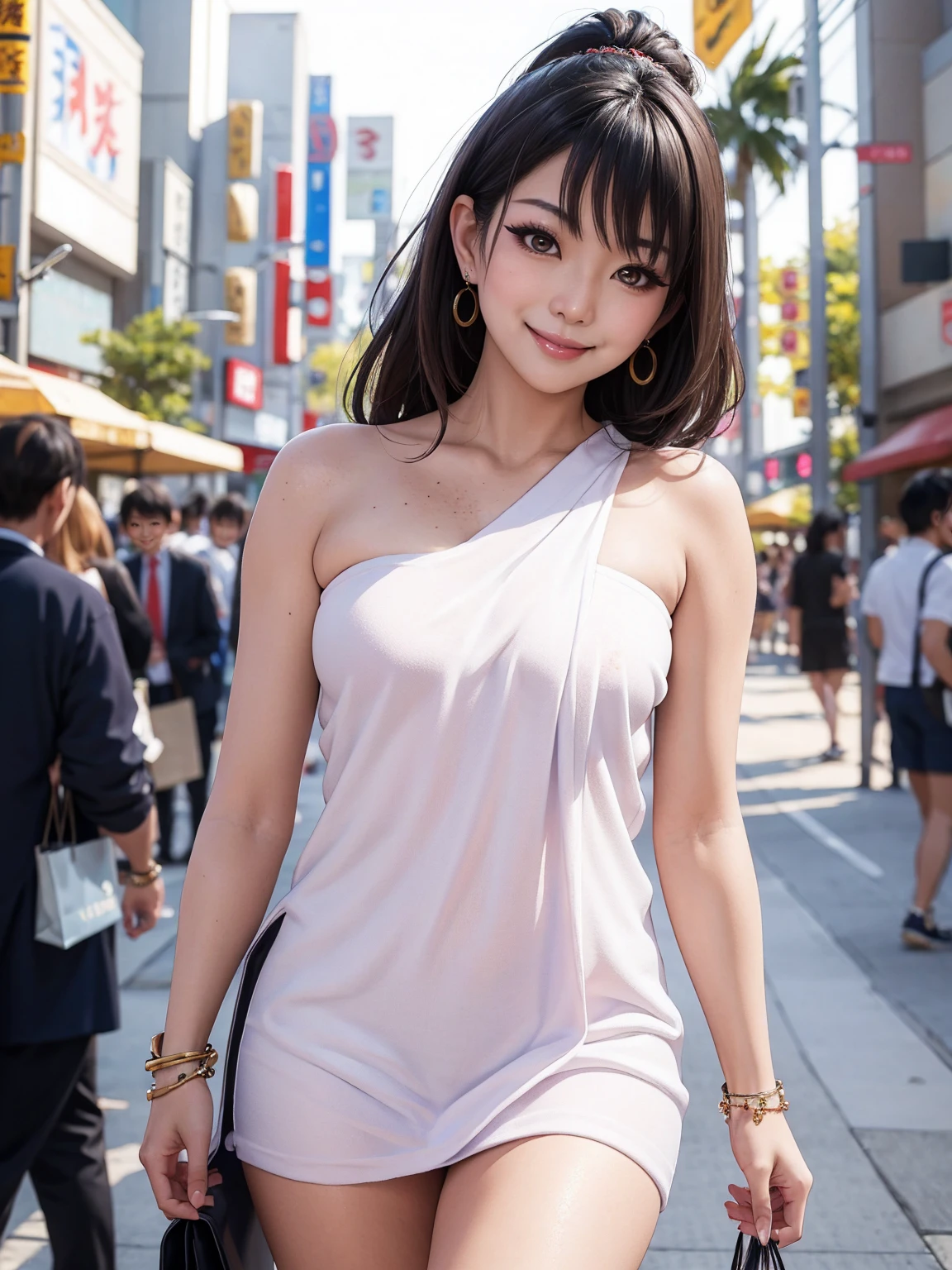 soft_light, (Masterpiece: 1.5), (Best Quality: 1.5), High Resolution, High Detail, sfw (Japanese MILF beauty, slanted Asian eyes:1.35), Solo, Skin Highlight, Sharpen, Clear, straight hair, ponytail, multicolored blond hair, Jewelry, bracelet, earrings, pale skin, smile, shopping in crowded plaza street, (wearing naked towel, flat_chested, thighs, freckles)