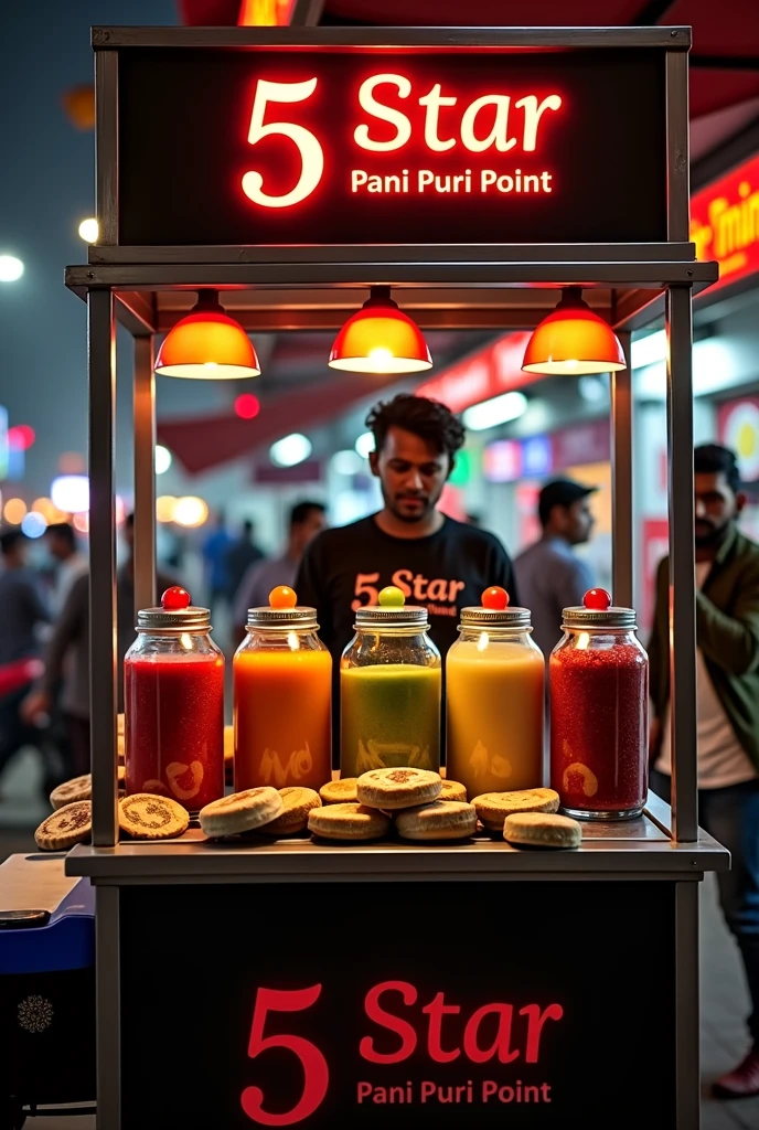  Steel material se banaa hua LED se Saja hua panch panch porcelain se nirmit jar  ke sath pholi Hui brown currency pani puri ek thele per jiske upar board per '5star Pani Puri point' name ho  mein Bhari Hui Jo ki left side mein lambai mein khada ho pani ka badhiya sink Laga Ho Aisa ek Pani puri ka thela banana hai 
Panch swad wala ek adbhut swad ka Bhandar Jahan per ek vyakti Jo Puri uniform mein hathon mein galat sar per kaid hai na hua jiski dress per 5star pani puri point Naam likha Ho shirt ka rang black Ho or red color se likha ho 