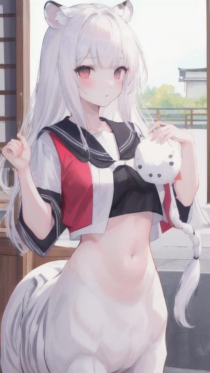 (best quality, masterpiece), 1 girl, centaur, I beg, White skin, Japanese schoolgirl,daughter,black pink, exposing the abdomen, belly button t-shirt , beautiful girl perfect, White tiger photo, 완벽한 White tiger photo