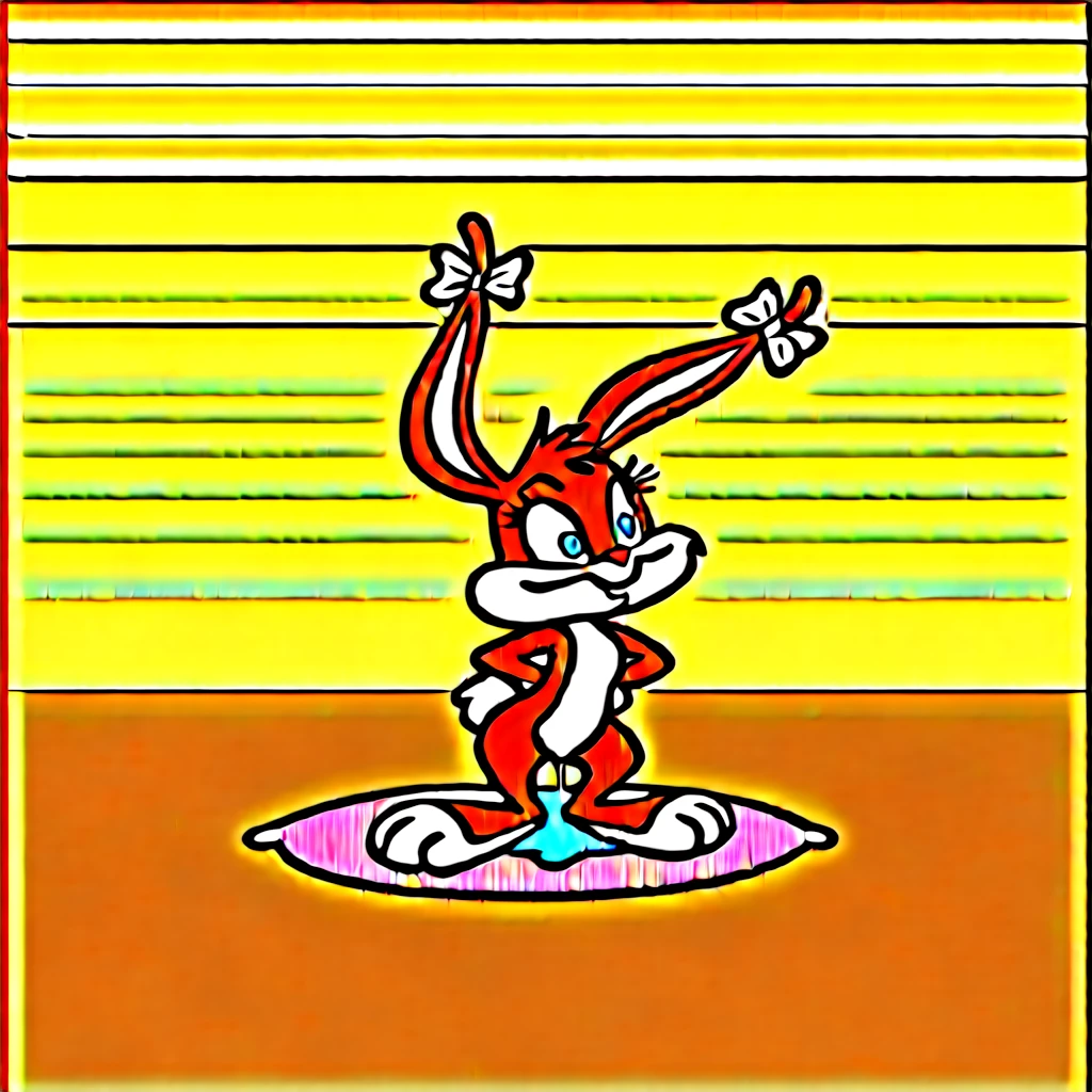 Imagine Babs Bunny, the energetic and sassy pink rabbit from "Tiny Toon Adventures," standing under a scorching summer sun in Acme Acres. As the heat intensifies, she starts to melt slowly, just like ice cream. Her ears droop and soften, then begin to drip like strawberry syrup, while her body slowly loses its shape, turning into a puddle of pink and white swirls on the ground. Her big blue eyes widen in surprise as they too start to slide down her face, while her whiskers droop and her usually bouncy tail becomes a soft, melting blob. Babs, still retaining her playful spirit, manages a witty comment before she completely melts into a puddle, only her signature pink bow floating on top of the melted mess.