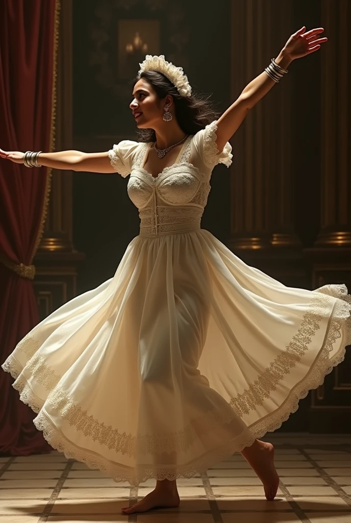 ((best quality)), ((masterpiece)), (detailed), create a Indian actress Sreeleela wear a maid outfit and maid showing her dance move