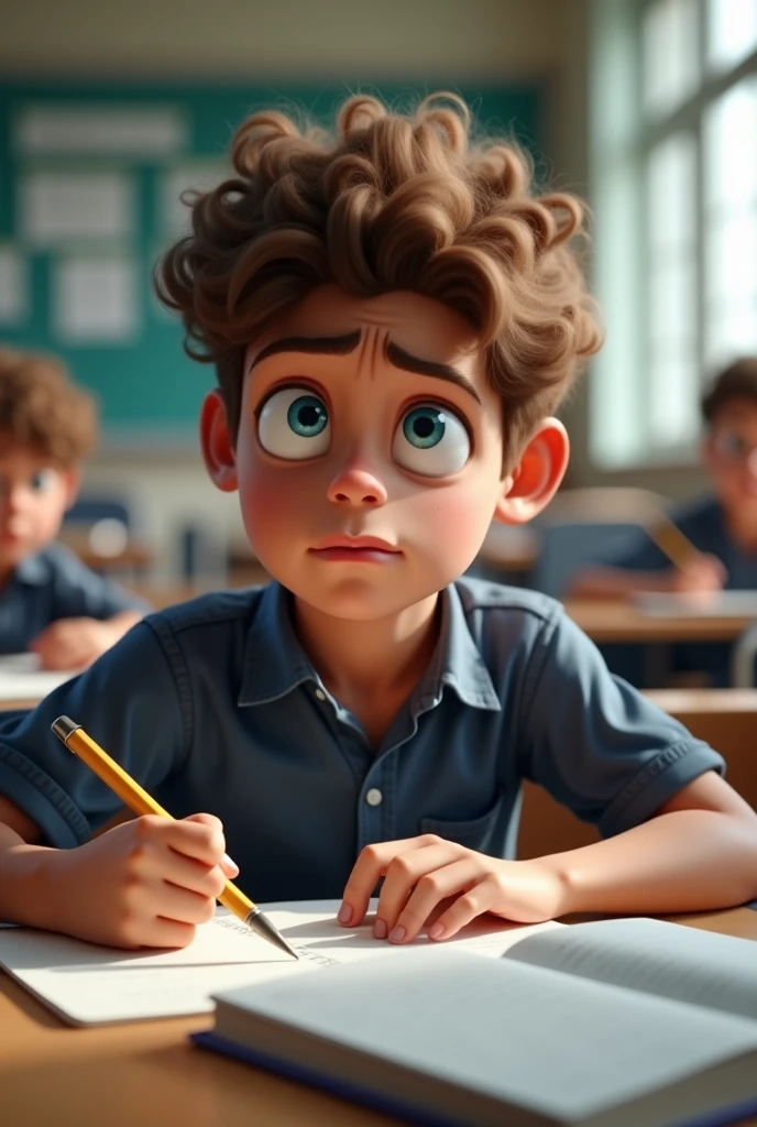 make me a picture of an 18 year old boy with brown curly hair, has blue eyes who is studying in class with annoyance