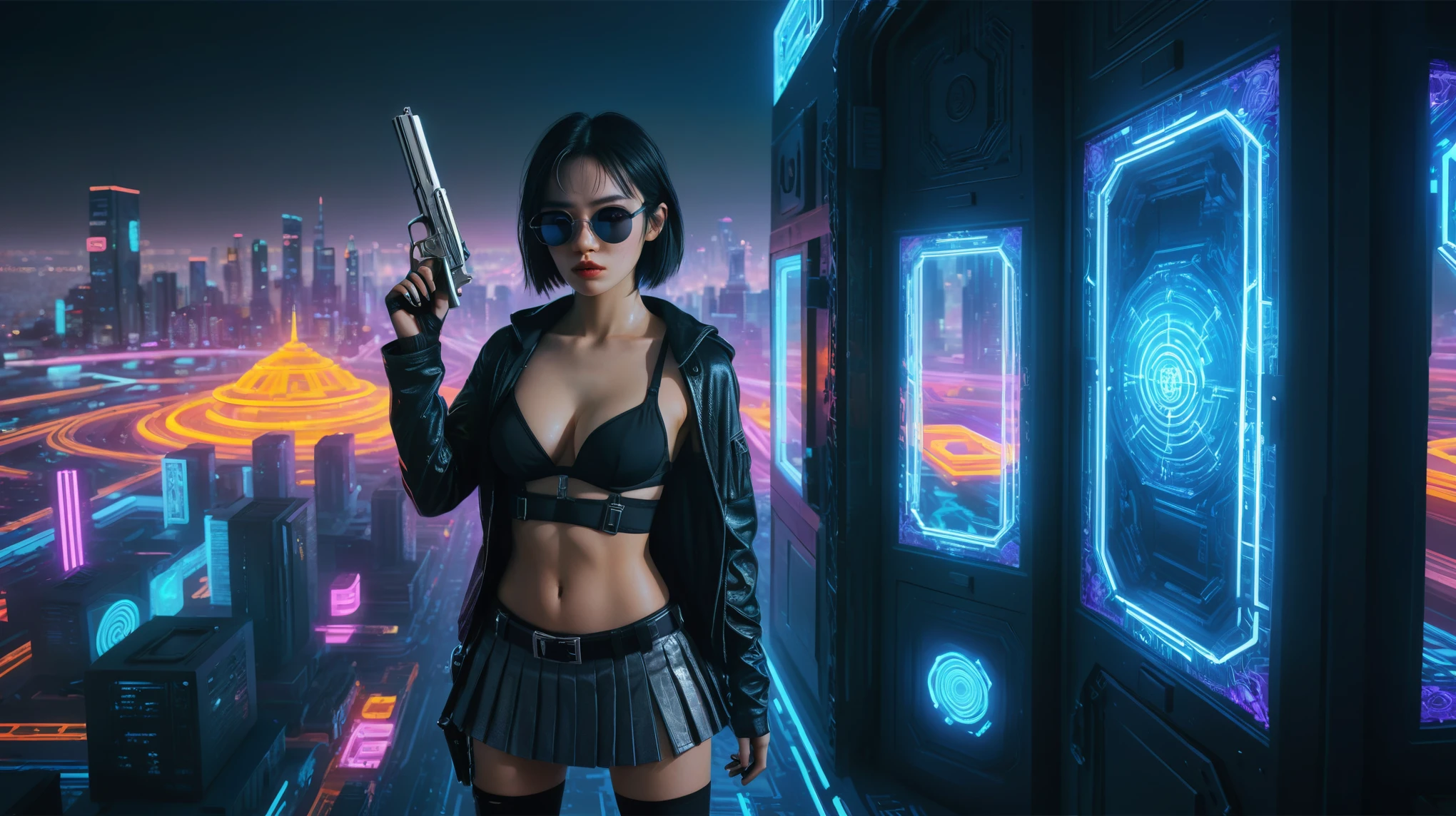 Cyberpunk female plagiarist immersed in digital theft, neon-lit alias within a vast online labyrinth, grotesque grunge brushing into surrealism, illuminated by kaleidoscopic volumetric light, a detailed masterpiece reminiscent of Moebius' distinctive style, deep focus, heightened depth field, psychedelic undertones amplified in a cinematic shot, aerial view of cyberpunk city at night, (1girl, solo), photo realistic, large-breast:1.4 D-cup slim body, cleavage:1.4, slim face, off broken mini sling-shirt and black sling bra, extremely short white pleated miniskirt, micro panty, (matrix style black micro sunglasses), (holding a short gun), half-body thigh level medium shot, cinematic lighting, ray tracing.
