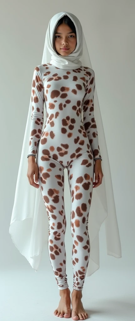 a beautiful and thin malaysian muslim teenager girl wears white clouded leopard print lycra turtleneck unitard catsuit and white clouded leopard print lycra dancewear hijab.