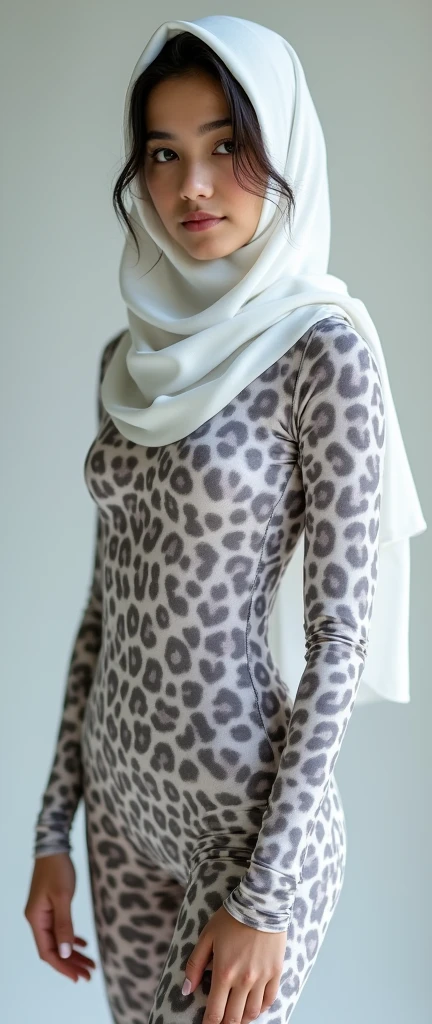 a beautiful and thin malaysian muslim teenager girl wears white clouded leopard print lycra turtleneck unitard catsuit and white clouded leopard print lycra dancewear hijab.